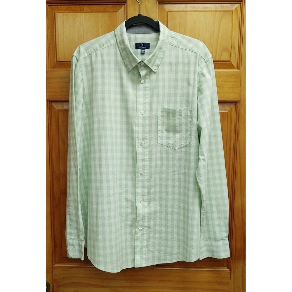 George Men's Shirt L 42/44 Green & White Check Button-Up Long Sleeves
